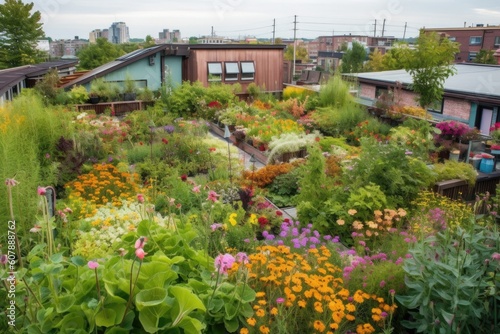 green rooftop garden, filled with colorful blooms and greenery, created with generative ai