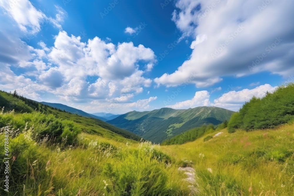 majestic mountain landscape with clear blue sky and fluffy clouds, created with generative ai majestic mountain landscape with clear blue sky and fluffy clouds, created with generative ai