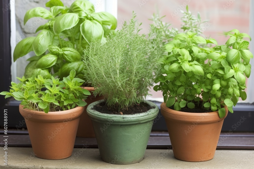 potted herb garden on patio or windowsill, created with generative ai potted herb garden on patio or windowsill, created with generative ai