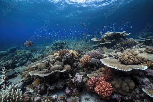 coral reef with schools of fish, octopuses, and other marine life, created with generative ai