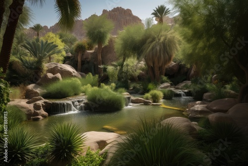 oasis with waterfall and gardens surrounded by desert landscape  created with generative ai