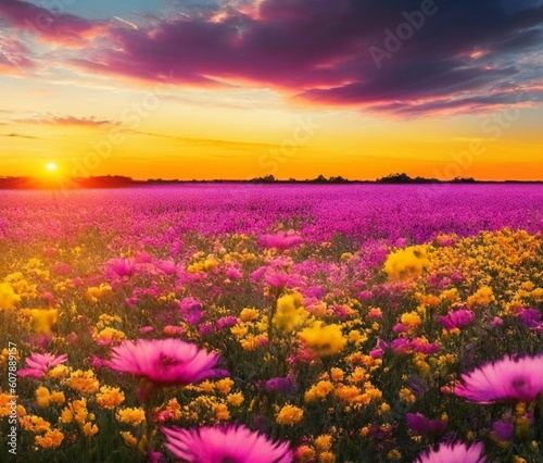 Flower Field During a Sunset created with Generative AI Technology
