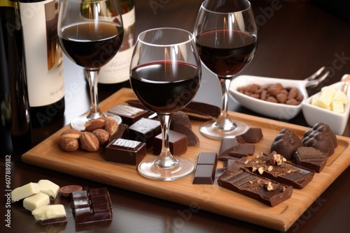 chocolate and wine pairing, with a variety of chocolates and wines to try, created with generative ai