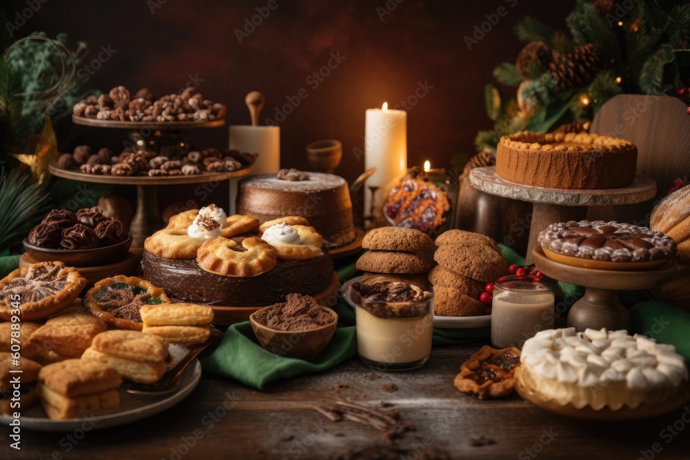 a spread of holiday cookies, pastries, and pies, created with generative ai