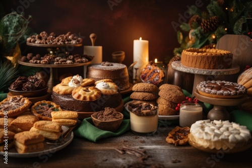 a spread of holiday cookies  pastries  and pies  created with generative ai