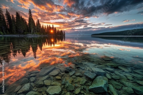 crystal clear lake at sunrise, with clouds and sunrises shining in the sky, created with generative ai © altitudevisual