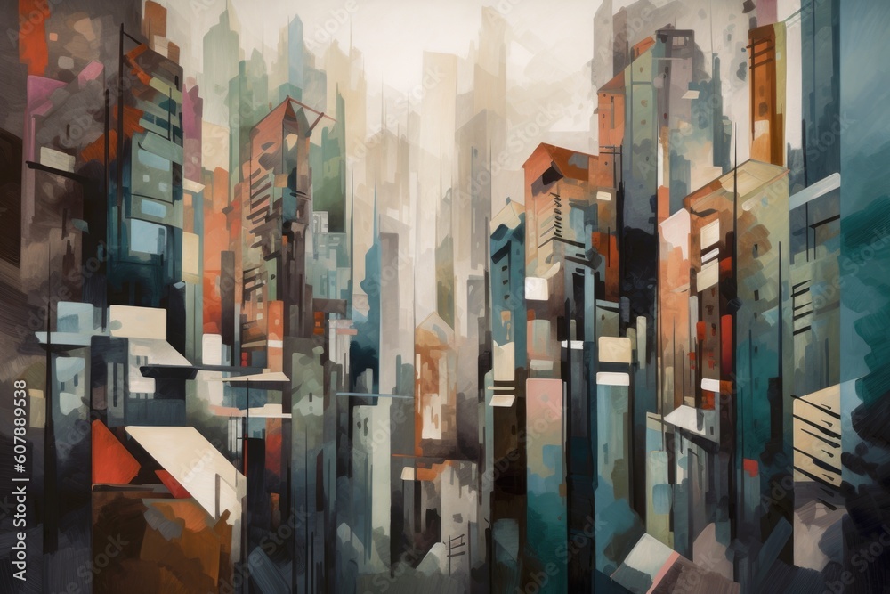 cubist painting of a cityscape, with blurred skyscrapers and busy streets, created with generative ai cubist painting of a cityscape, with blurred skyscrapers and busy streets, created with generative ai