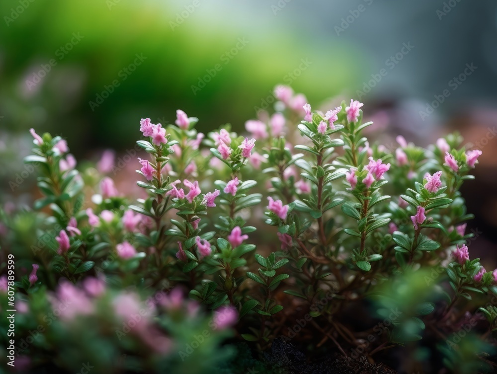thyme branches with tiny green leaves and small pink flowers against a blurred background thyme branches with tiny green leaves and small pink flowers against a blurred background