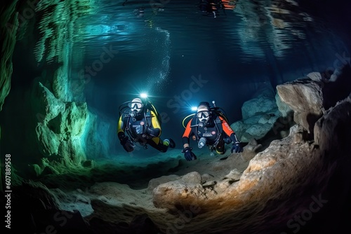 pair of divers exploring underwater cave system, with fish swimming among their legs, created with generative ai