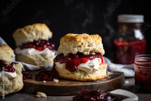 stack of warm scones, topped with strawberry jam and whipped cream, created with generative ai