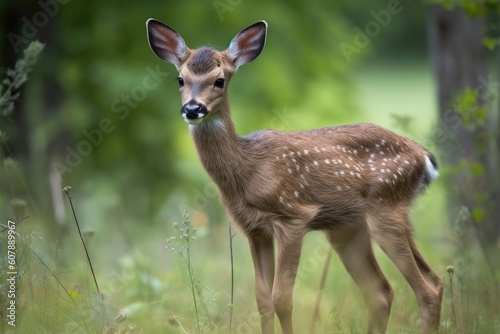 baby deer in meadow  with delicate legs and soft fur  created with generative ai