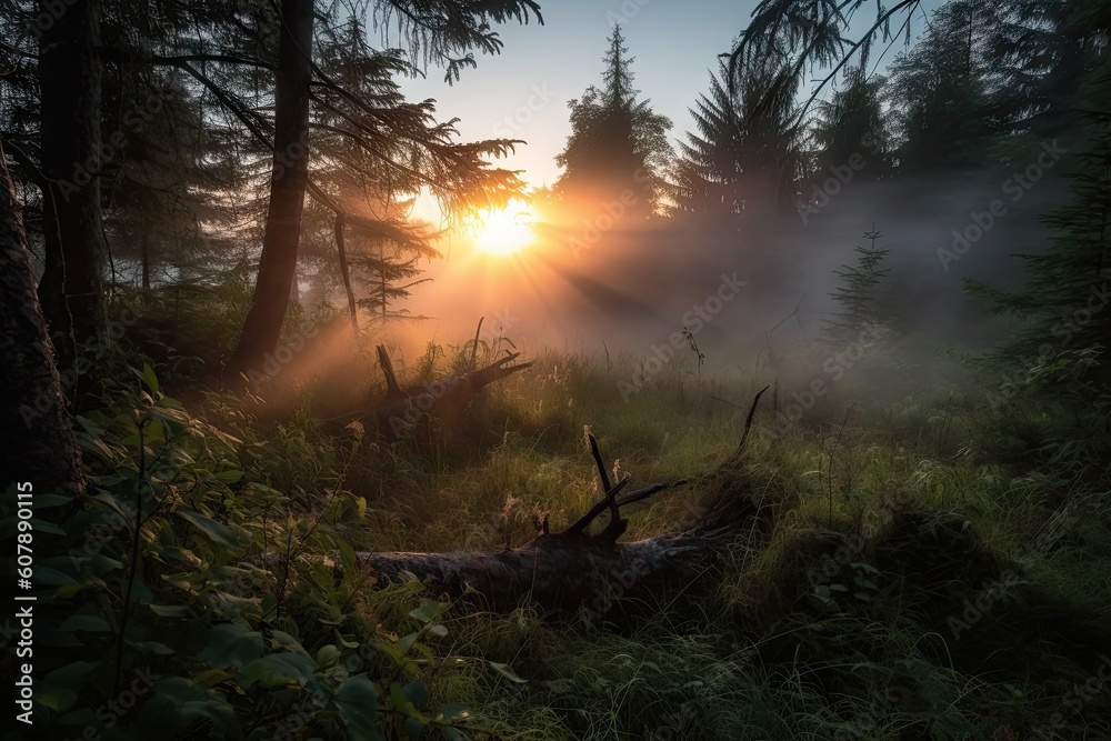 sunrise, with mist rising from the forest floor, created with generative ai