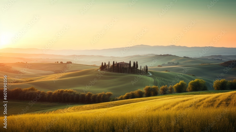 Panorama of sunrise in Val d'Orcia, Tuscany, Italy, Generative AI