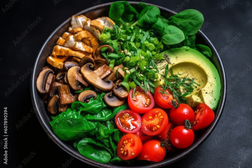 Vibrant salad bowl filled with fresh spinach leaves, sauteed mushrooms, and colorful toppings, appealing to health-conscious individuals and vegans. Generative Ai Vibrant salad bowl filled with fresh spinach leaves, sauteed mushrooms, and colorful toppings, appealing to health-conscious individuals and vegans. Generative Ai