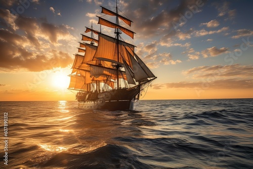 majestic clipper ship sailing on calm sea, with billowing sails and sun setting in the background, created with generative ai