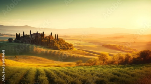 Panorama of sunrise in Val d Orcia  Tuscany  Italy  Generative AI