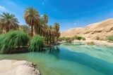 oasis with palm trees and clear blue water surrounded by desert landscape, created with generative ai