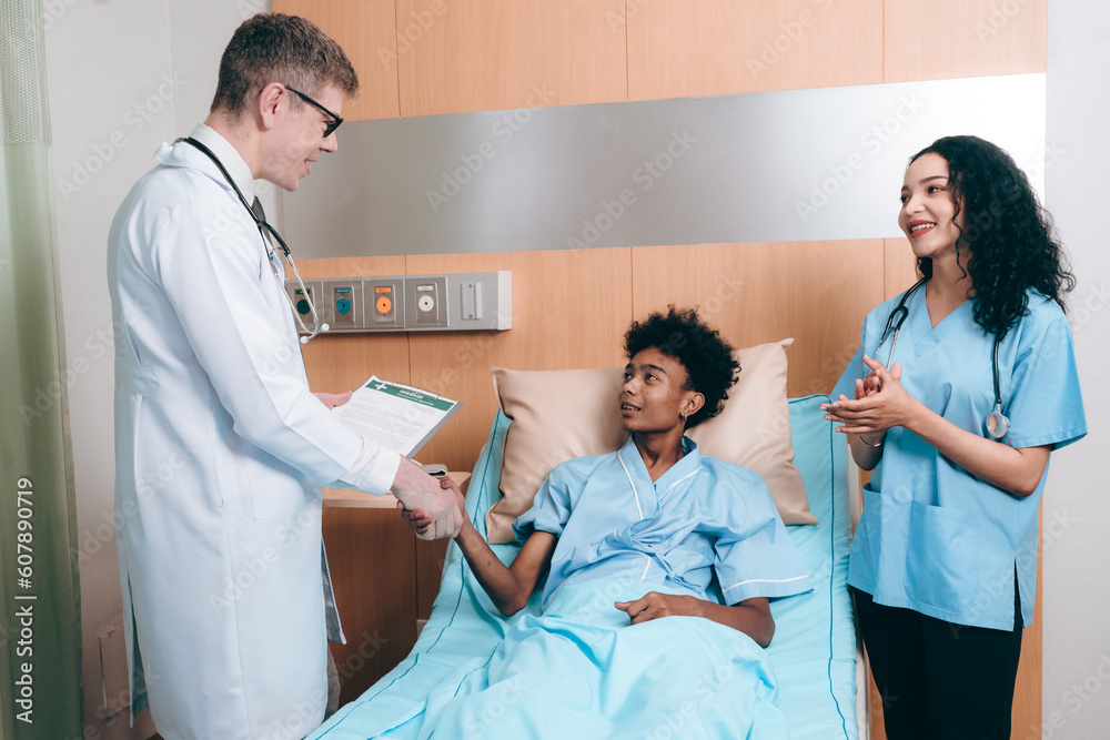 Obraz premium Doctor checking consultation with patient for checkup. work on healthcare paperwork and happiness of medical professional, checklist and report a results in hospital clinic, health insurance business