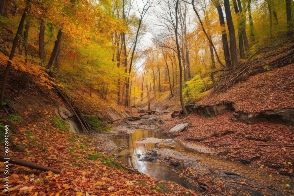 Fototapeta premium colorful autumn forest with long trails, streams and waterfalls, created with generative ai