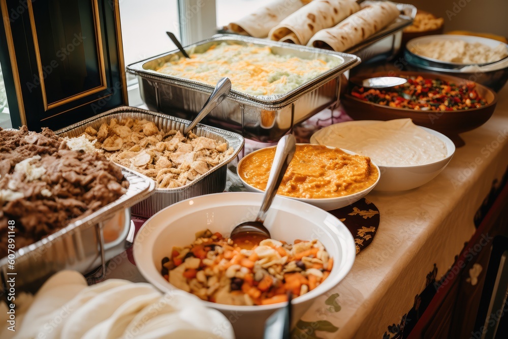 buffet full of burritos, tacos, and nachos for guests to choose from, created with generative ai