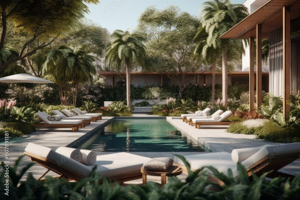 Showcasing a luxurious outdoor space with a swimming pool, lounge chairs, and lush landscaping, offering a tranquil retreat for leisure and entertainment. Generative Ai