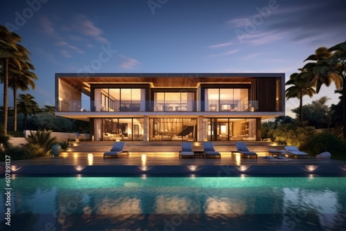 Modern luxurious villa with pool. Generative Ai © bluebeat76