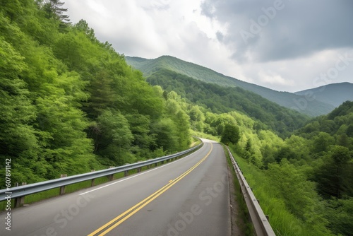 scenic highway with forested mountains in the background, created with generative ai
