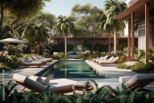 Showcasing a luxurious outdoor space with a swimming pool, lounge chairs, and lush landscaping, offering a tranquil retreat for leisure and entertainment. Generative Ai