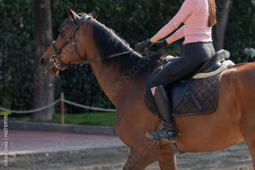 Unrecognizable woman riding a horse in an equestrian center