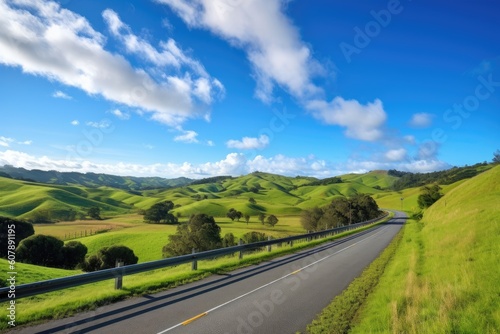 Wallpaper Mural scenic highway with view of rolling hills, farmland, and blue skies, created with generative ai Torontodigital.ca