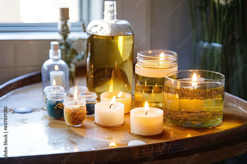 bubbly bath with floating candles and essential oils, created with generative ai
