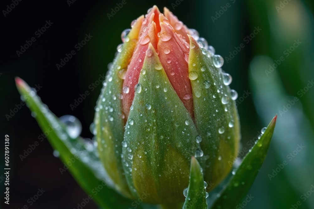 close-up of blooming flower bud, with dew drops still on the petals, created with generative ai close-up of blooming flower bud, with dew drops still on the petals, created with generative ai