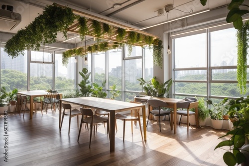 co-working space with natural light and greenery in the background  created with generative ai