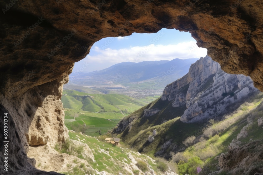 mountain with large cave in background, with view of the valley below, created with generative ai