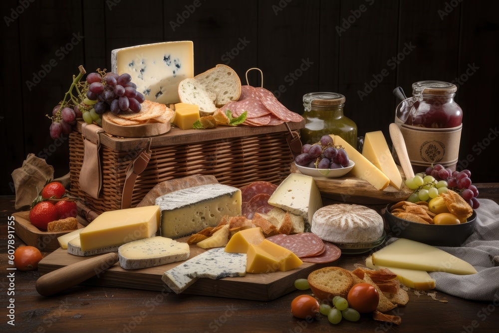 picnic basket overflowing with deli meats, cheeses, and gourmet treats, created with generative ai picnic basket overflowing with deli meats, cheeses, and gourmet treats, created with generative ai