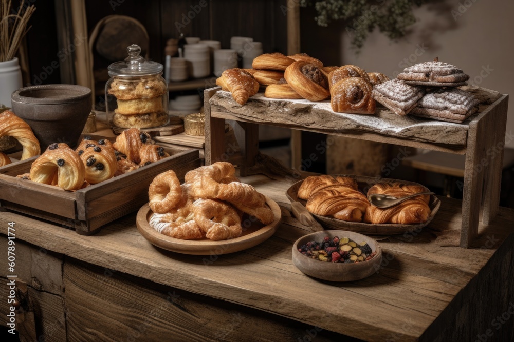 a rustic wooden display stand filled with various pastries and croissants, including cinnamon rolls, danish, and cannolis, created with generative ai a rustic wooden display stand filled with various pastries and croissants, including cinnamon rolls, danish, and cannolis, created with generative ai