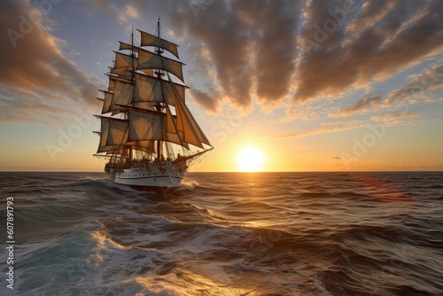 sailing ship, with billowing sails and sunset, on journey across the ocean, created with generative ai