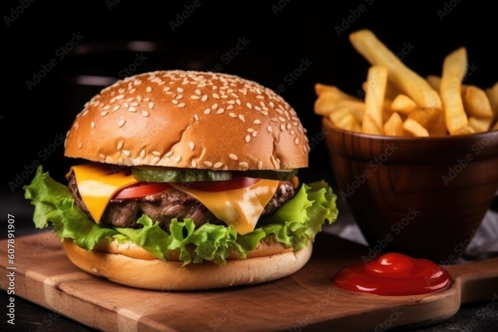classic burger, topped with lettuce and tomato slice, served with golden french fries, created with generative ai classic burger, topped with lettuce and tomato slice, served with golden french fries, created with generative ai