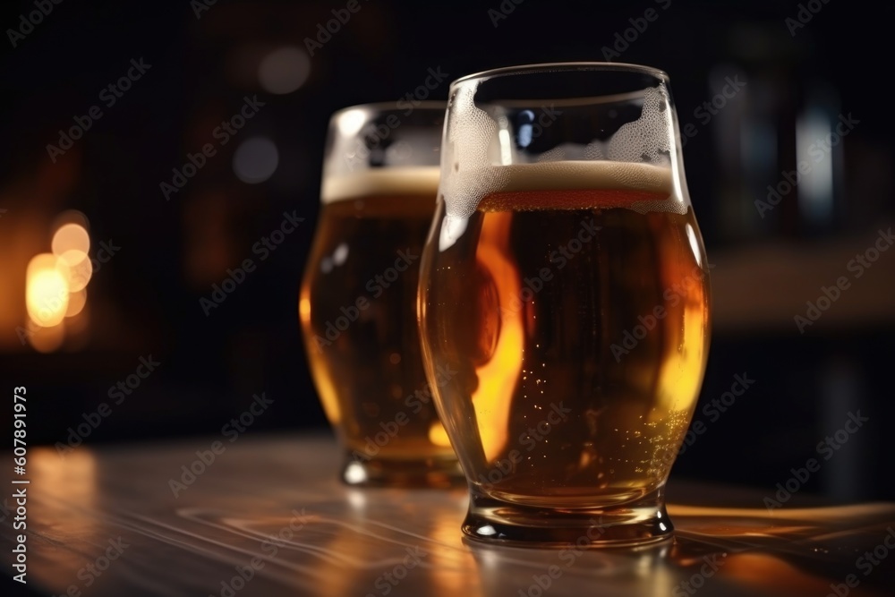 the glasses of beer in the close-up, with blurred background and light streaks, created with generative ai the glasses of beer in the close-up, with blurred background and light streaks, created with generative ai
