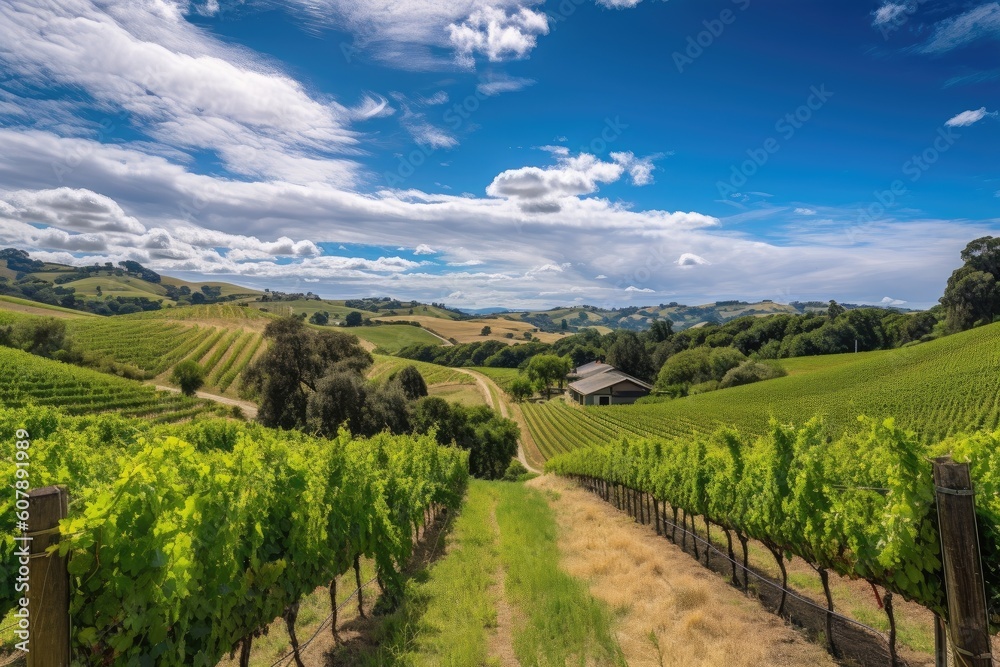 vineyard with rolling hills and blue skies, for a serene and peaceful setting, created with generative ai