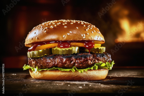 Hamburger with peppers, lettuce, pickles and delicious sauces on dark hot background. generative ai
