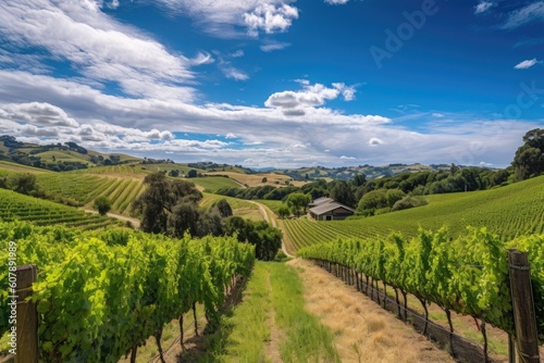 vineyard with rolling hills and blue skies, for a serene and peaceful setting, created with generative ai
