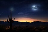 night sky, with stars and moon shining over desert landscape, with silhouette of cactus in the foreground, created with generative ai