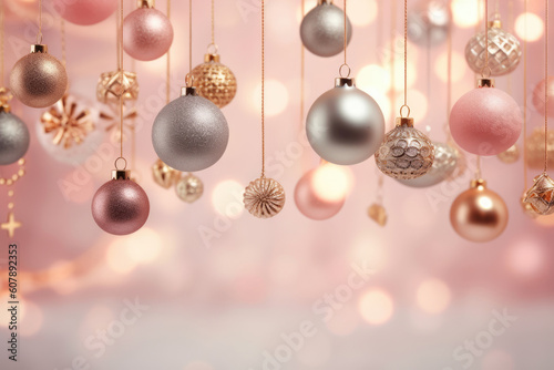 Christmas background with hanging balls on pink background Generative AI