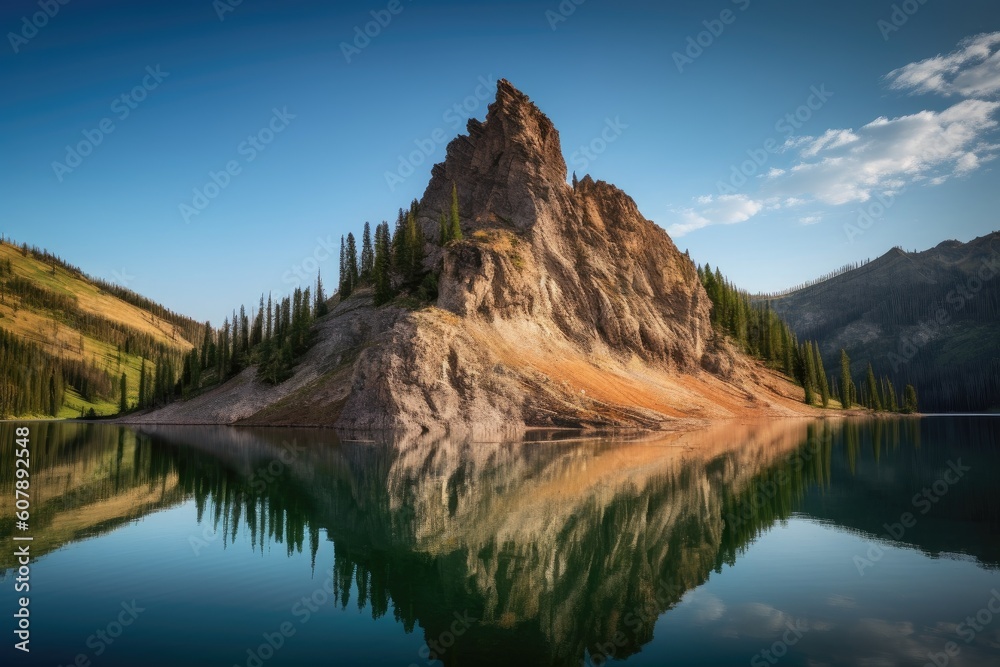 majestic rock formation towering over serene mountain lake, created with generative ai