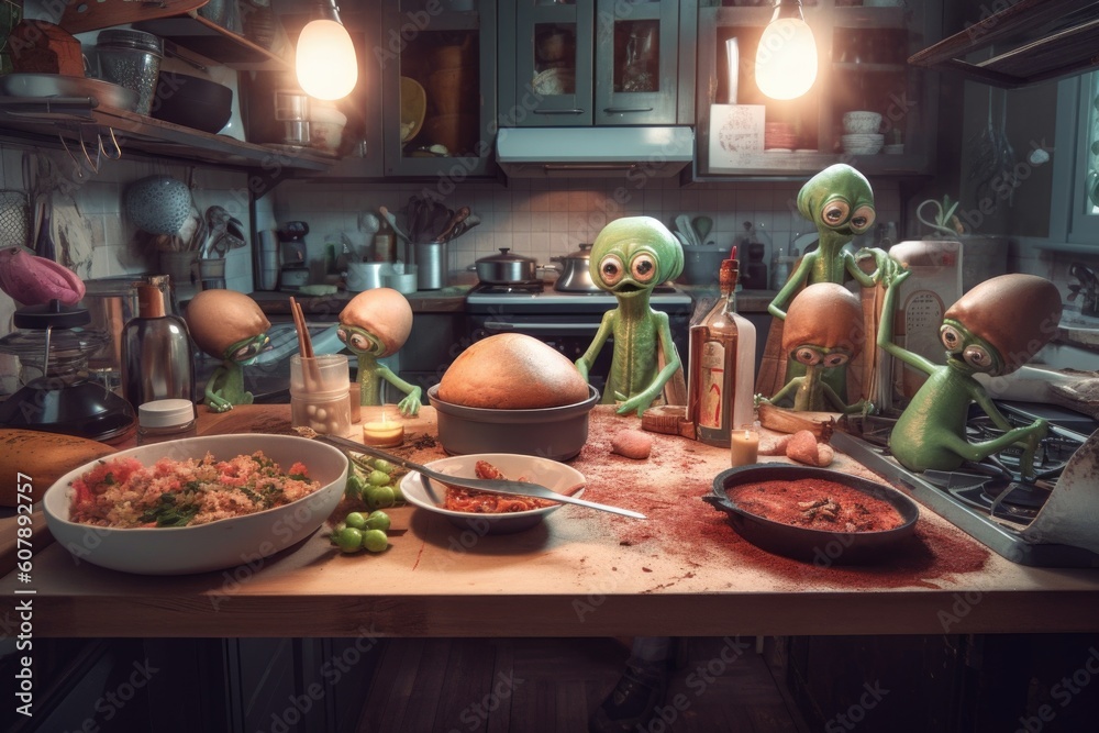 family of aliens are preparing dinner together, with ingredients and cooking utensils scattered across the countertop, created with generative ai