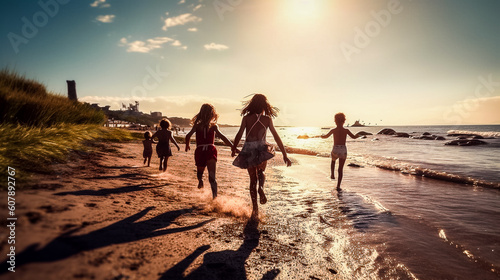 Enfants courant sur la plage vers la mer - Générative IA
