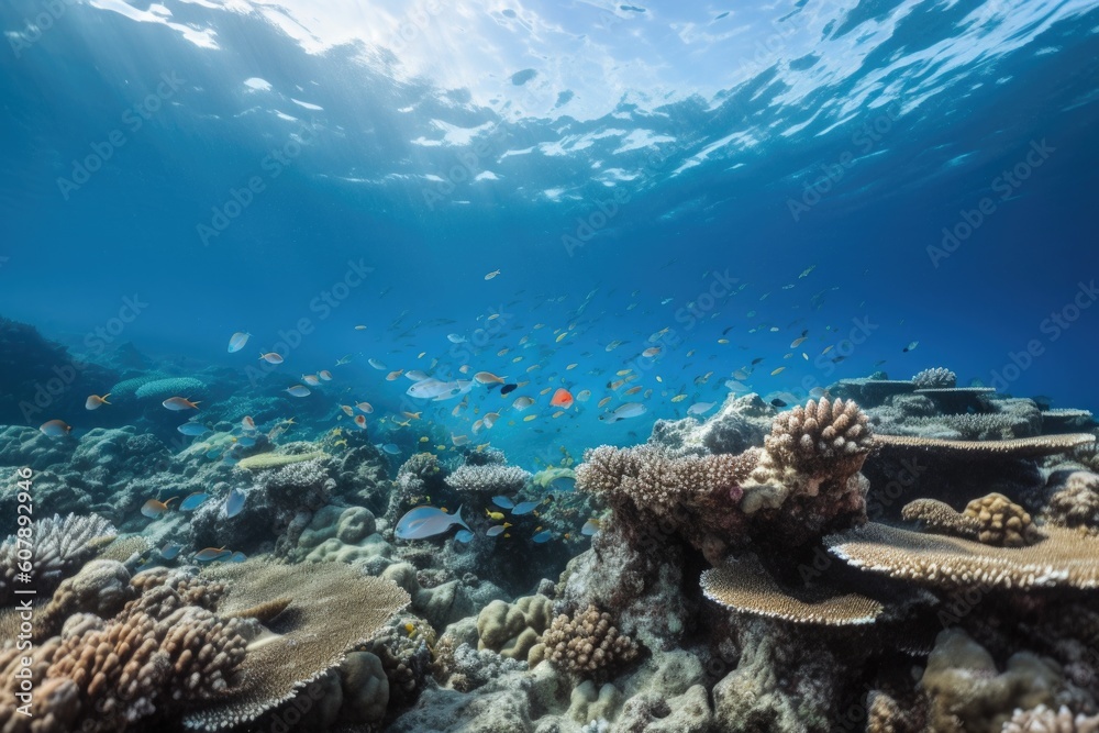 Fototapeta premium coral reef with schools of fish, underwater views, created with generative ai