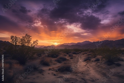 desert sunset  with golden sky and purple clouds  created with generative ai