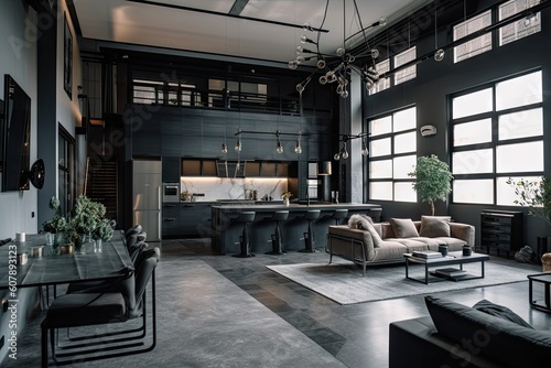 industrial home with elegant and stylish interior design, featuring luxurious furniture, high-end accessories and modern lighting, created with generative ai © altitudevisual